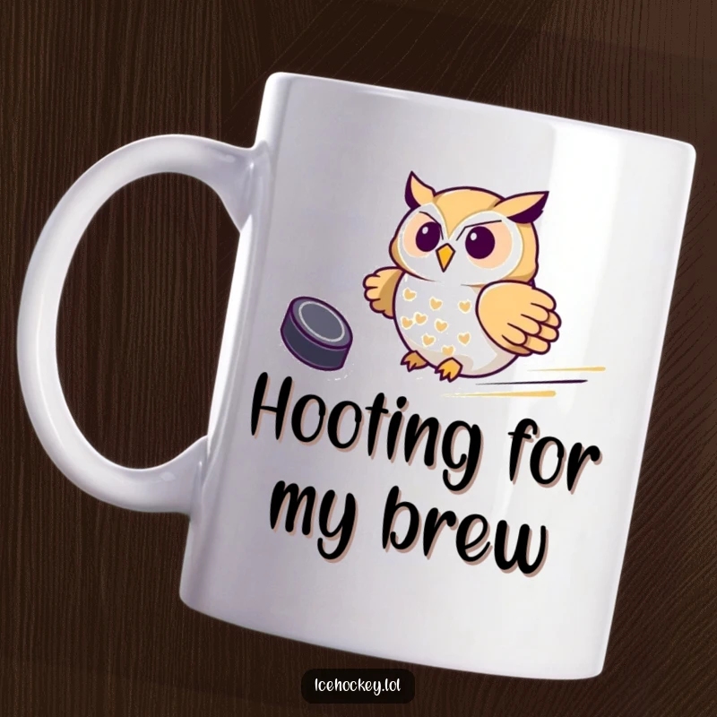 Funny Owl Hockey Mug, a proud owl swiftly sliding with a hockey puck at its feet, showcasing athletic prowess and humor.