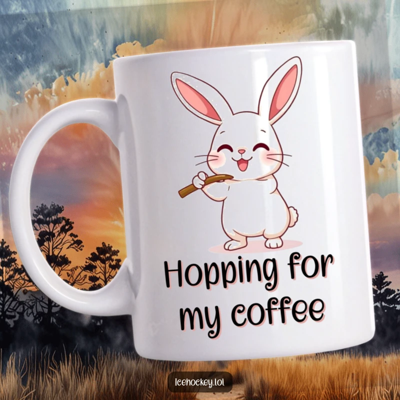 Funny Mug with a happy rabbit playfully checking an imaginary opponent with its hockey stick, showing determination and fun.