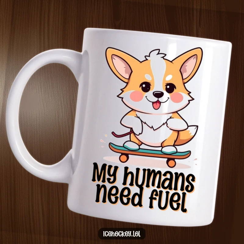 Funny mug showing a determined corgi with a focused expression, wearing roller skates and mid-skate, perfect for dog lovers.