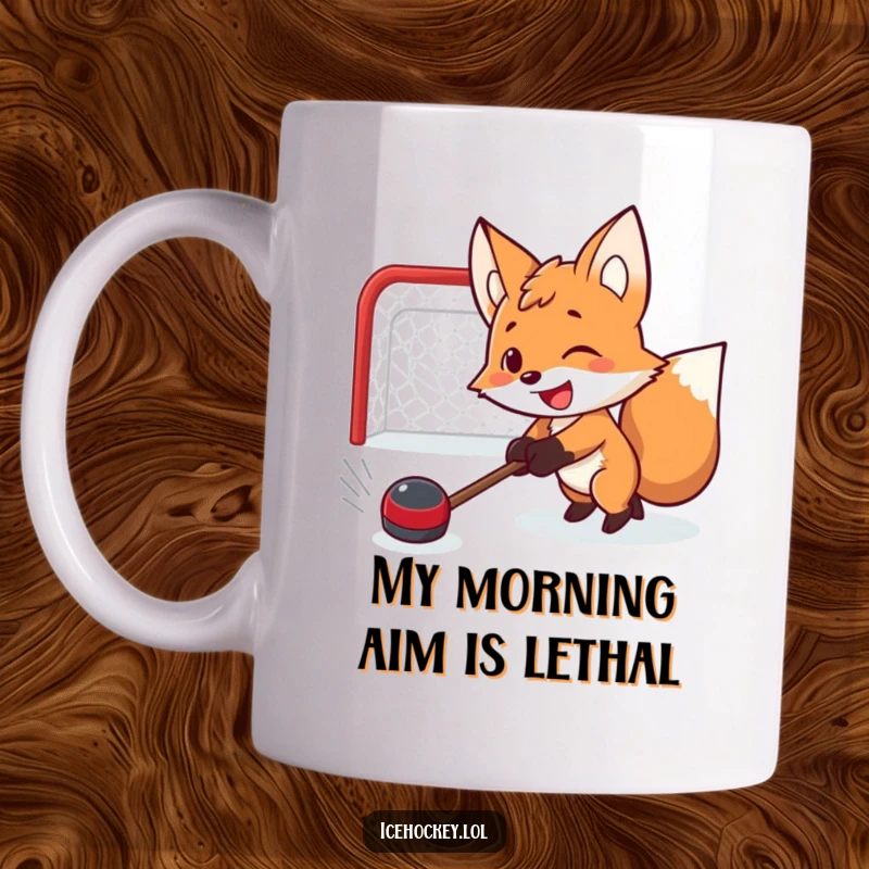 Funny fox hockey mug depicting a determined smiling fox shooting a puck with intense focus towards an unseen goal.
