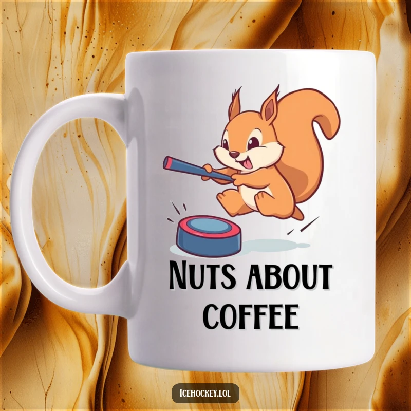 Funny squirrel mug: a brave squirrel leaping mid-air to block a phantom puck, showcasing incredible agility and heroic determination.