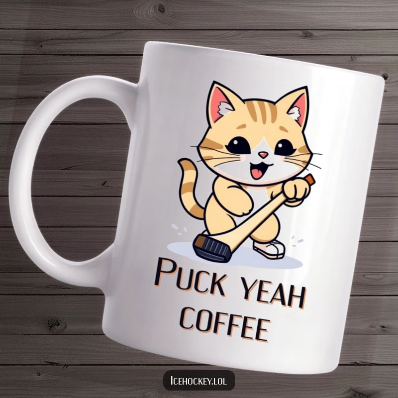Funny Mug: A proud cat is captured mid-slap shot, attempting to strike a hockey puck with intense feline focus.