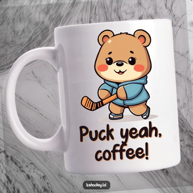 Funny mug featuring a cheerful bear with a determined expression, skillfully stick-handling a hockey puck.