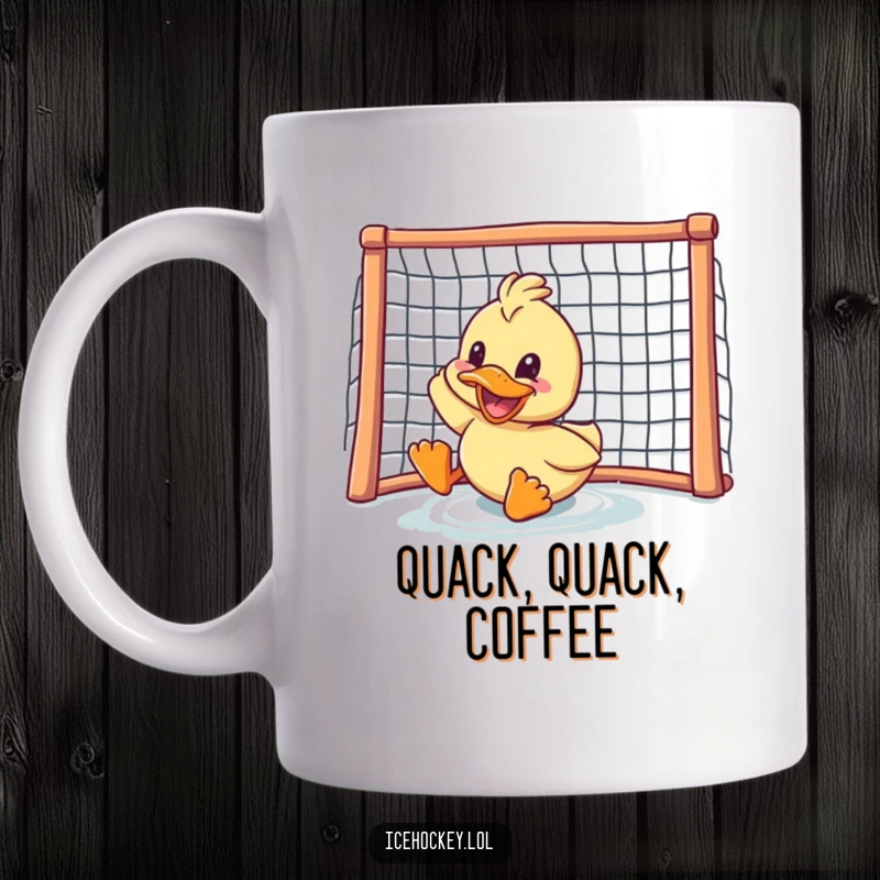 Funny duck mug: a delighted duck with a wide grin, sliding gracefully towards a hockey net, ready to score the winning goal.