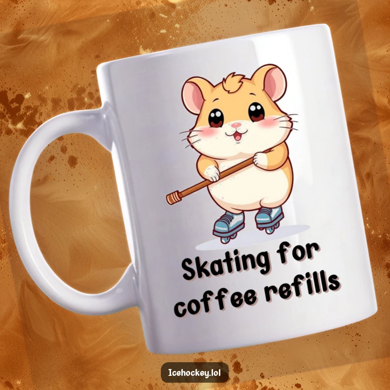 Funny mug showing a plump hamster with wide eyes precariously balancing on skates while holding a hockey stick, full of effort.
