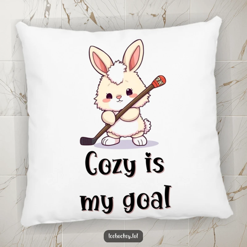 Funny bunny pillow: a fluffy bunny holding a hockey stick, looking ready to play, bringing a blend of cute energy and competitive spirit.