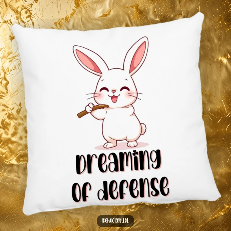 Funny Pillow featuring a happy rabbit playfully checking an imaginary opponent with its hockey stick, perfect for cozying up.