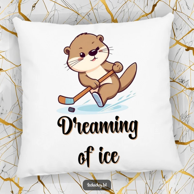 Funny pillow with a graceful otter doing a swift turn with a hockey stick, adding playful charm to any room.