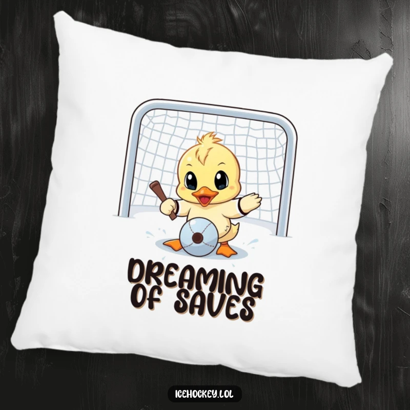 Funny pillow with a determined little duck making a wide-eyed goalie save, adding humorous charm to cozy spaces.