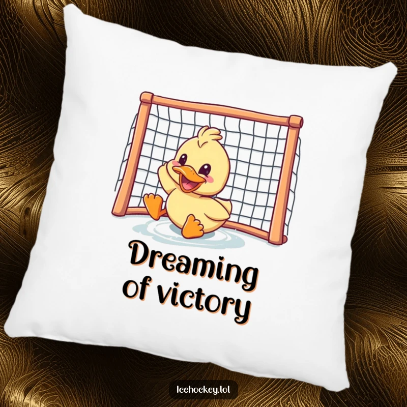 Funny duck pillow: a happy duck with a big grin sliding towards a hockey goal, bringing playful energy and comfort.