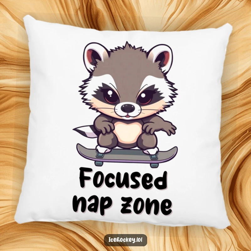 Funny badger pillow with a brave badger intensely focused on ice skating, offering cozy comfort and humorous determination.