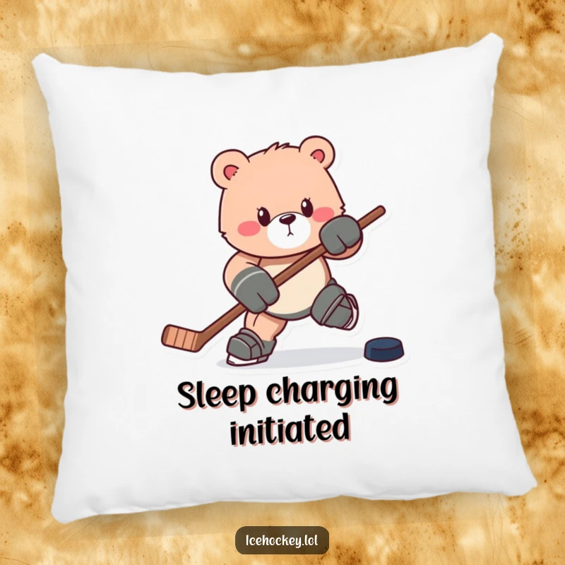 Funny pillow: A strong bear charges forward with a hockey stick and puck, embodying fierce determination and comfort.