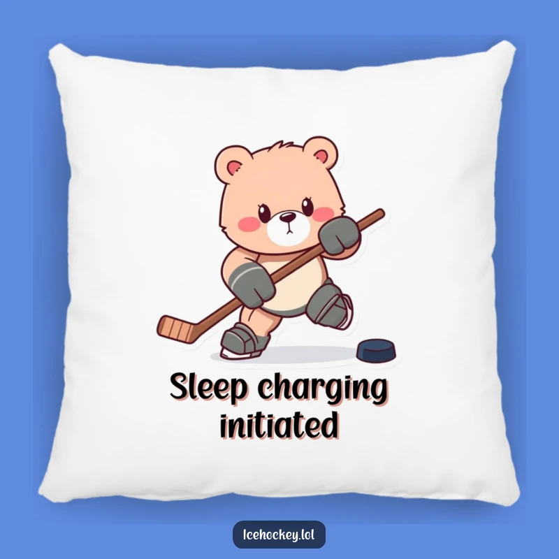 Funny Bear Hockey Pillow: Charging Bruin with Stick & Puck, Comfy Humor Gift