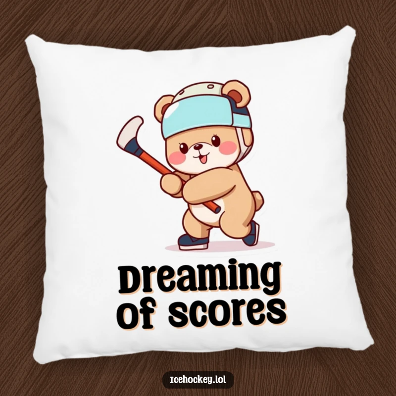 Funny Bear Pillow: A soft pillow showing a cheerful bear wearing a hockey helmet and holding a hockey stick.