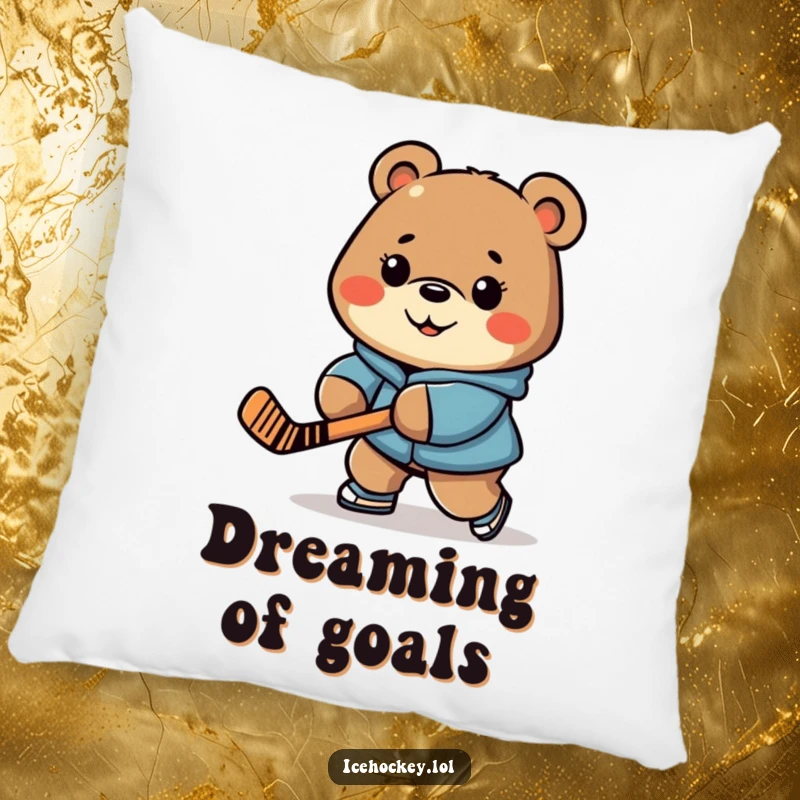 Funny pillow featuring a cheerful bear with a determined look, stick-handling a hockey puck.
