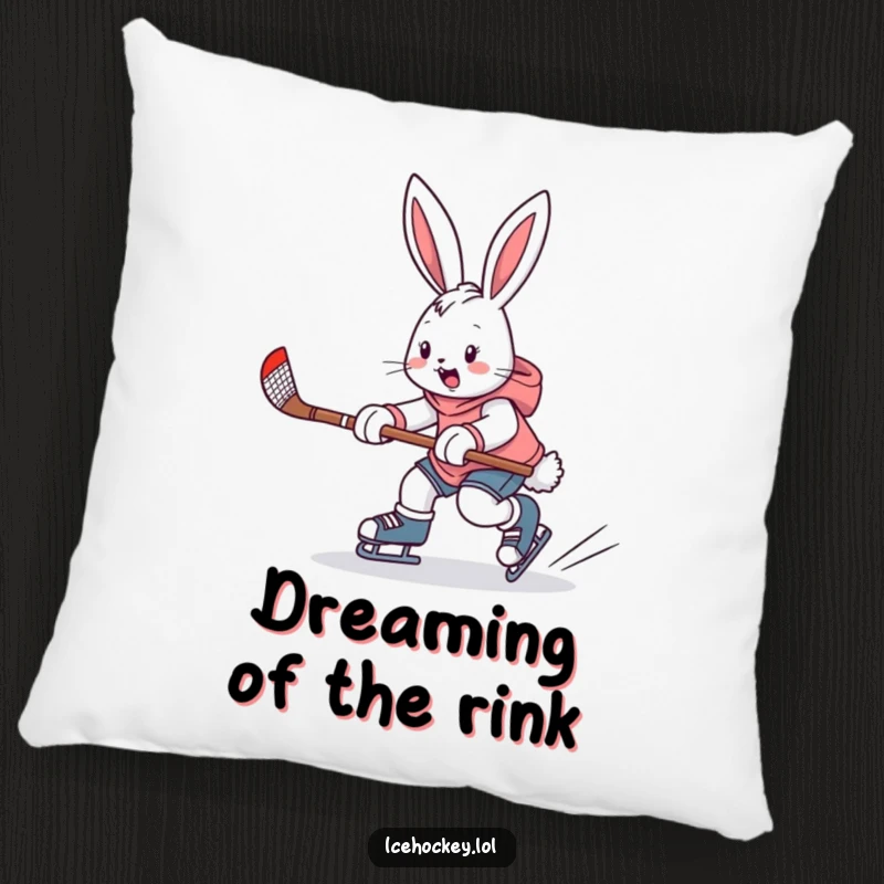 Funny pillow depicting an enthusiastic bunny skating with a hockey stick, adding a humorous and cozy touch to any space.