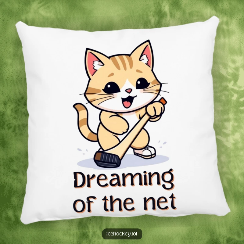 Funny Pillow: A proud cat is depicted taking a hockey slap shot, offering cozy comfort with a side of comical sports action.