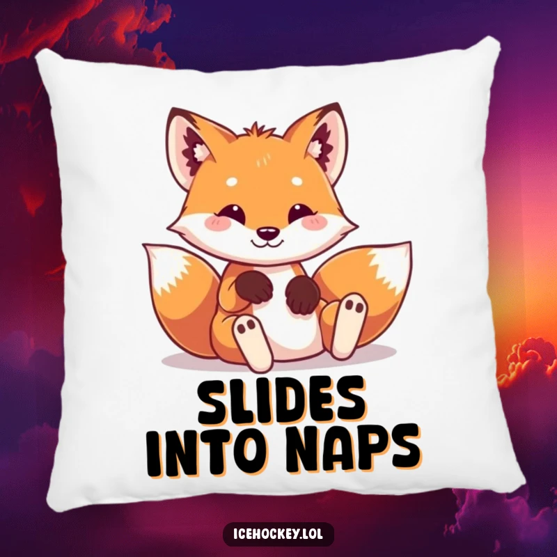 Funny pillow featuring a playful fox wearing tiny hockey pads, captured in a funny sliding pose.