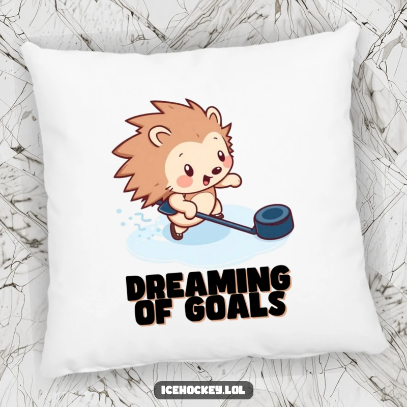 Funny pillow featuring a hedgehog zipping across ice with a puck, offering comfort and a humorous sports theme.