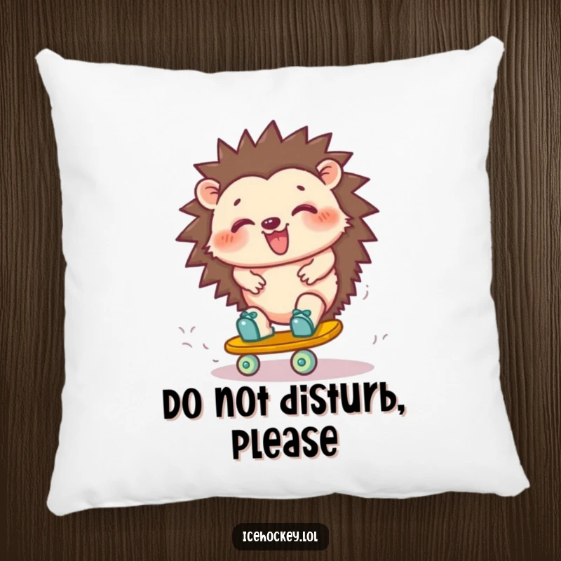 Funny hedgehog pillow: a happy, giggling hedgehog attempting a wobbly roller skate turn, embodying pure amusement and lighthearted fun.