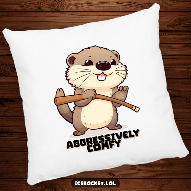 Funny pillow with a happy, fluffy otter aggressively checking an opponent with a hockey stick, offering soft comfort and humorous decor.