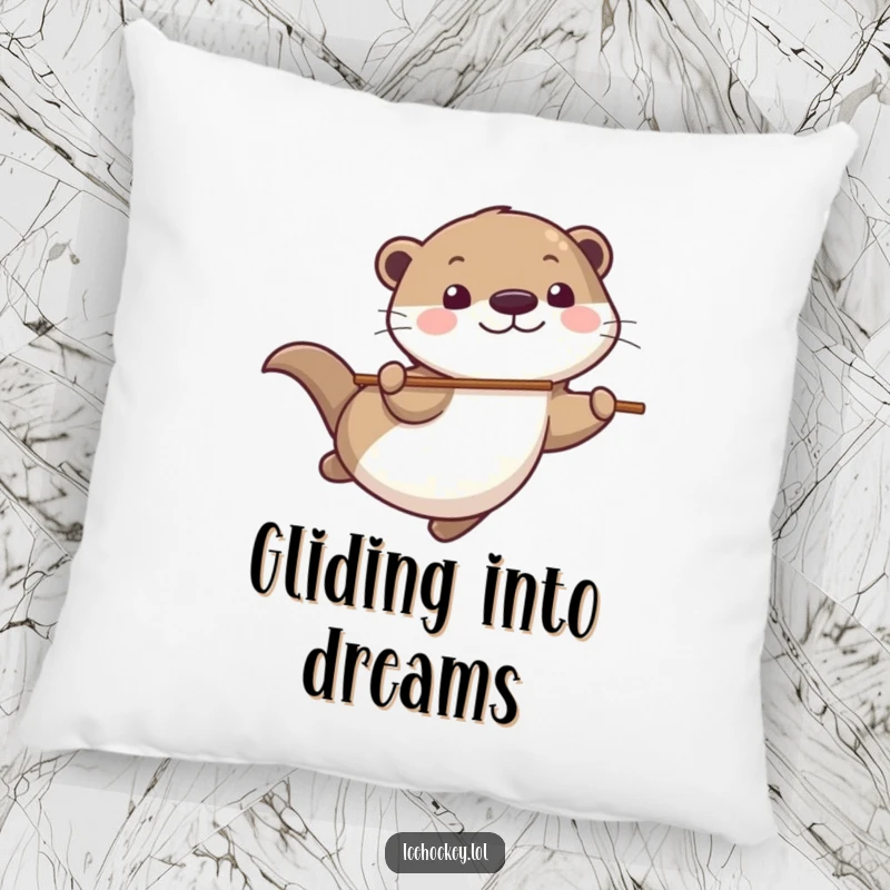 Funny Pillow featuring a playful otter gliding smoothly, stick in tow, with a big grin, perfect for adding a touch of fun.