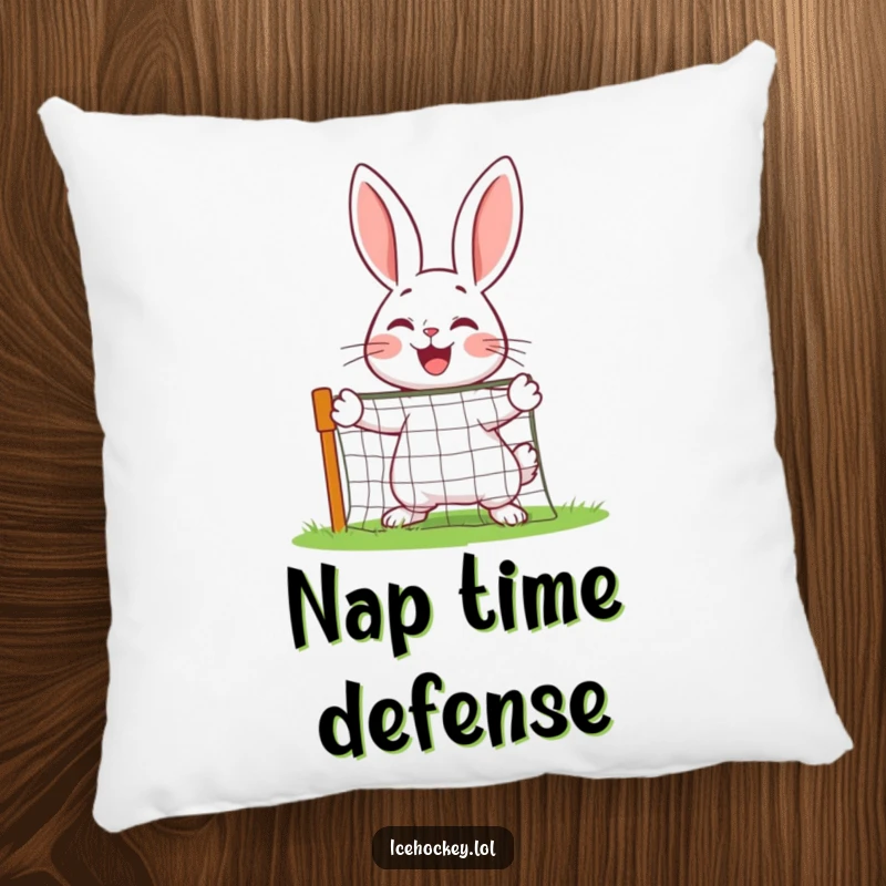 Funny rabbit acting as a goalie, defending a miniature net with joy, depicted on a soft pillow.