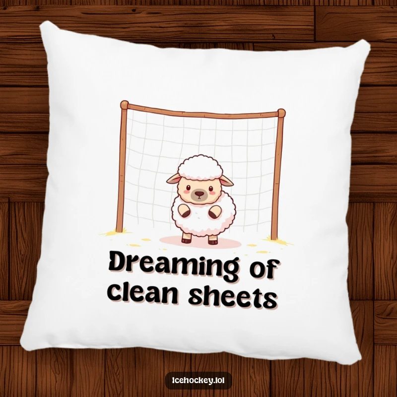 Soft pillow featuring a funny sheep character acting as a goalie for an empty soccer net.