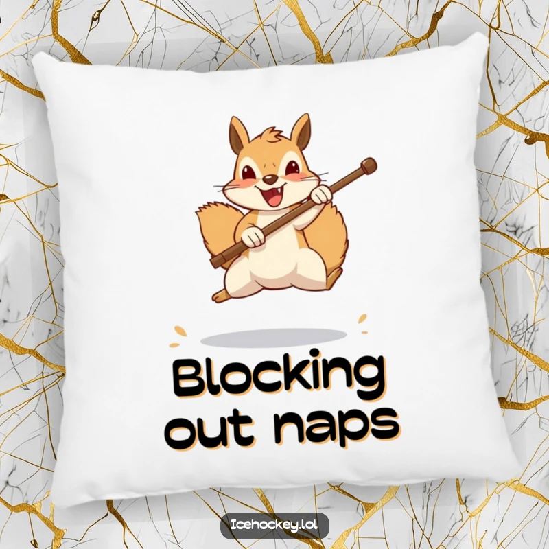 Funny squirrel pillow, a cheerful squirrel leaps to block a shot with its stick, depicted in a soft, cozy pillow, bringing funny sports action.
