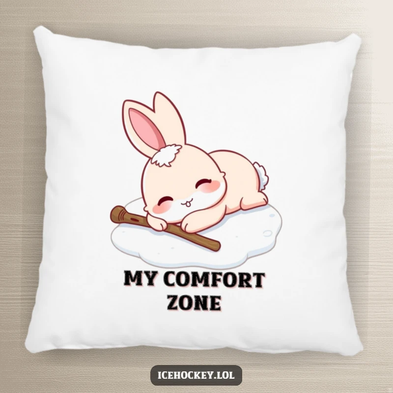 Funny pillow illustration of a smiling rabbit lying on ice skates, stick fallen. Soft and humorous.