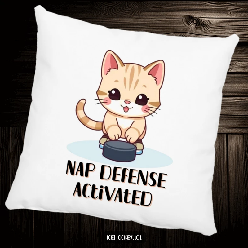 Funny pillow featuring an alert and happy kitten wearing skates, stopping a hockey puck, perfect for soft, humorous decor.