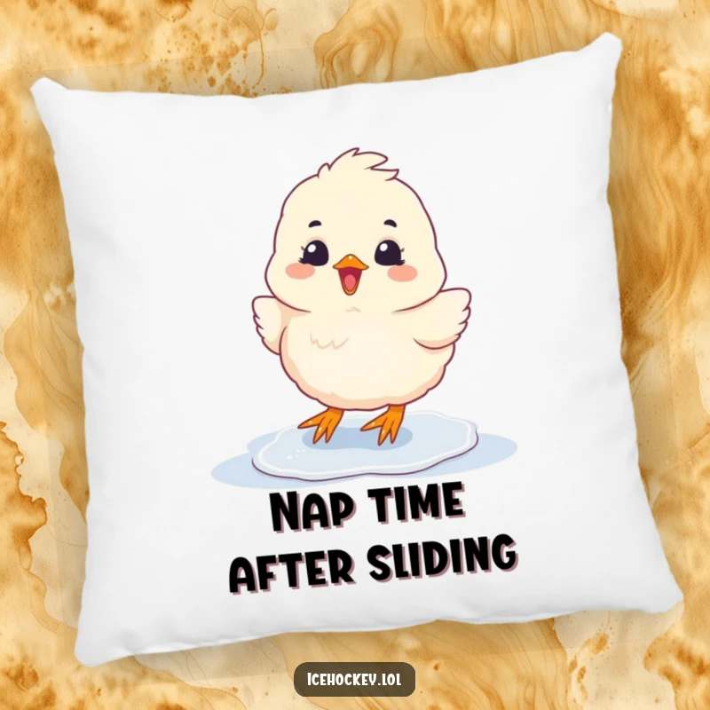 Funny Pillow featuring a fluffy chick sliding on ice with pure glee, perfect for adding a cheerful touch to decor.