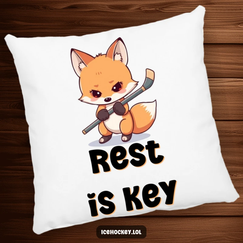 Funny shy fox pillow showing a nervous fox gripping its hockey stick, providing comfort with a humorous and relatable design.