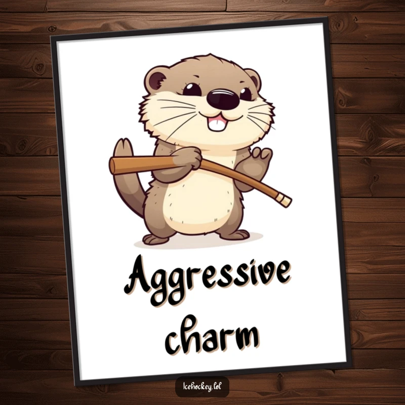 Funny digital art print of a happy, fluffy otter aggressively checking an opponent with a hockey stick, ready for humorous home decor.