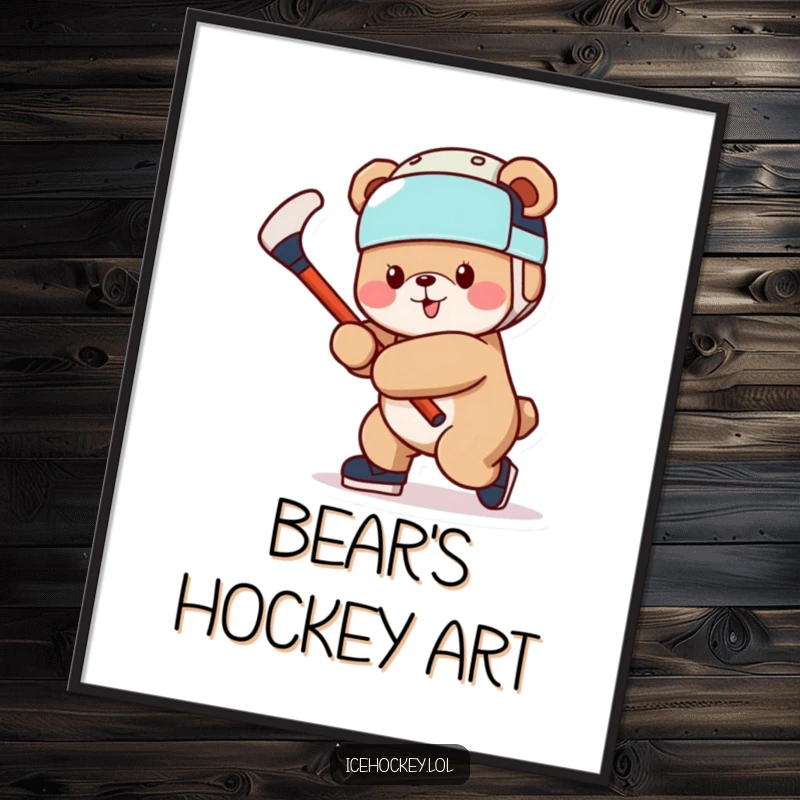 Funny Bear Digital Art: A high-resolution image of a cheerful bear wearing a helmet and swinging a hockey stick.