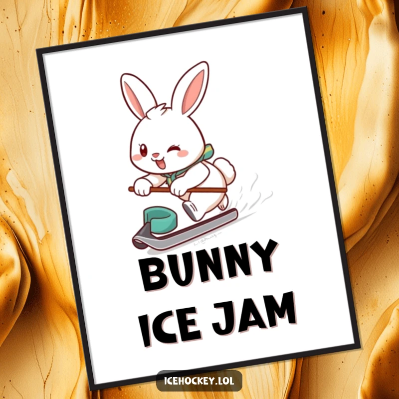 Funny digital art of a determined, smiling bunny gliding fast on ice with a hockey puck, a humorous sports illustration.