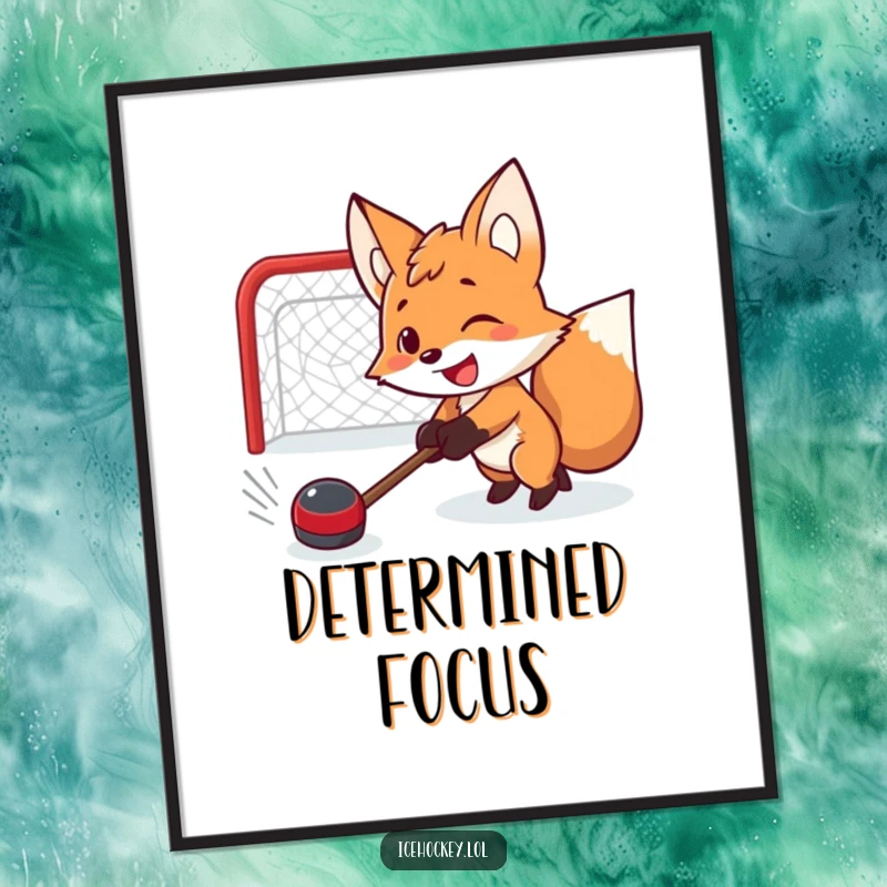 Funny digital art print of a determined smiling fox shooting a hockey puck, capturing intense sports action and humor.