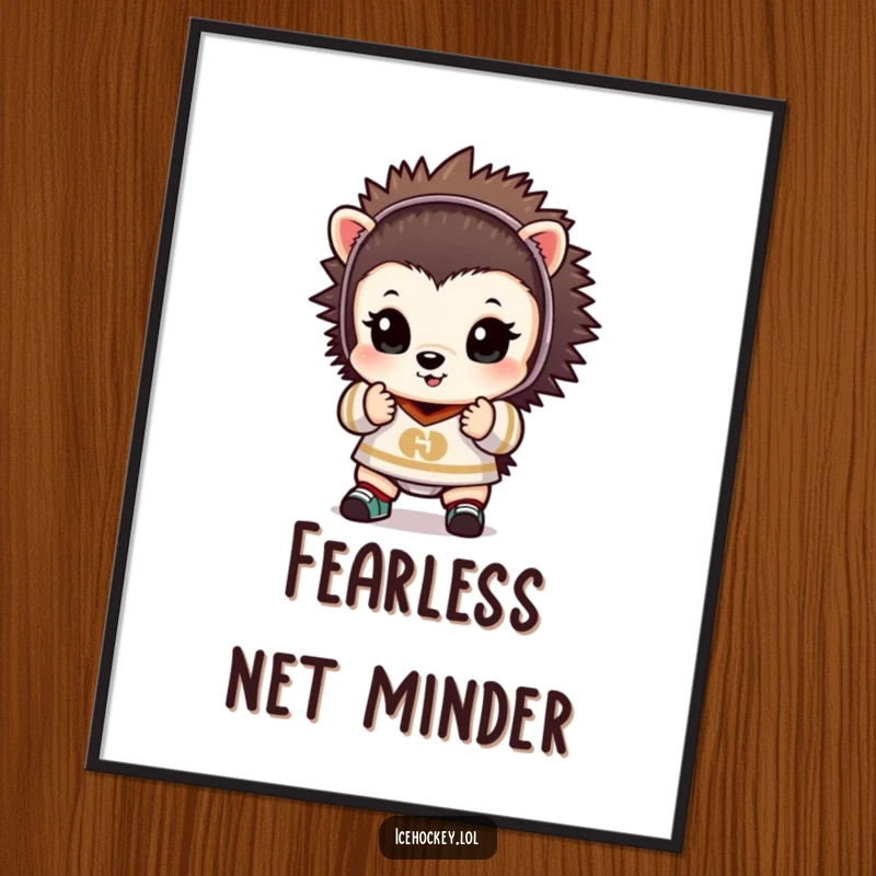 Funny digital art print of a tiny hedgehog dressed as a goalie, hands raised defensively, ready to block.