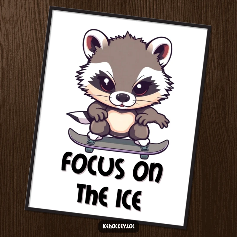 Funny badger digital art print of a brave badger intensely focused while ice skating, bringing determined humor to any room.