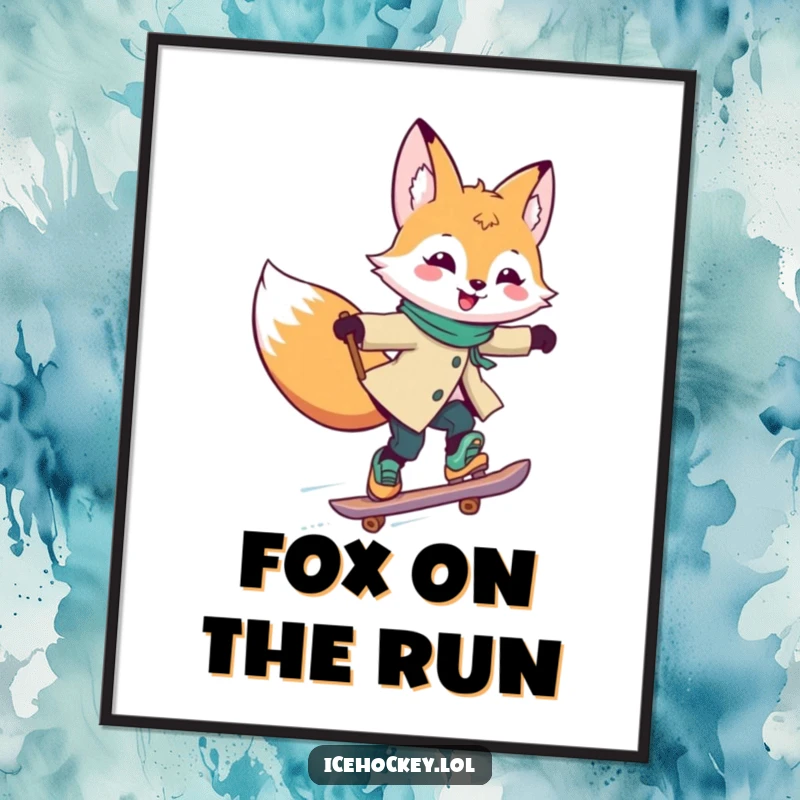 Funny Digital Art Print of a joyful fox skating rapidly, stick held high, perfect for digital display and vibrant decor.