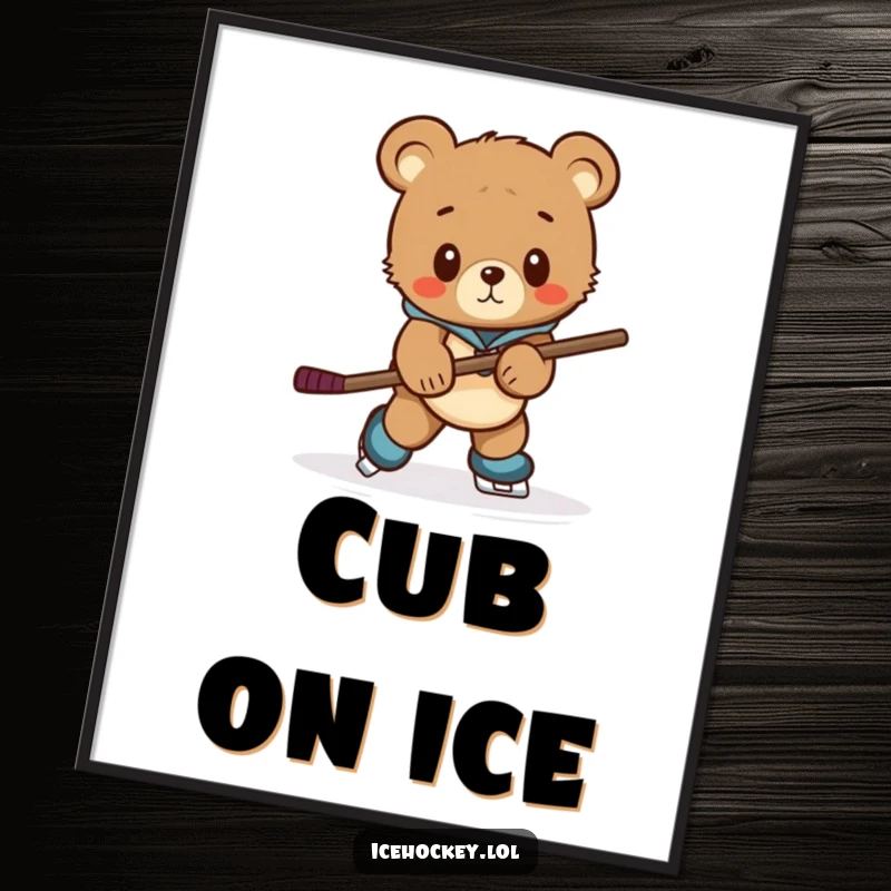 Funny digital art print of a curious bear cub awkwardly skating with a comically large hockey stick, full of humor.