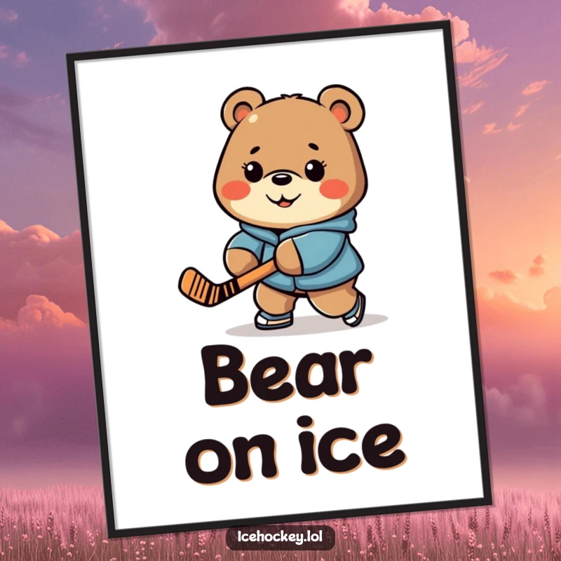 Funny digital art print of a cheerful bear with a determined expression, stick-handling a hockey puck.