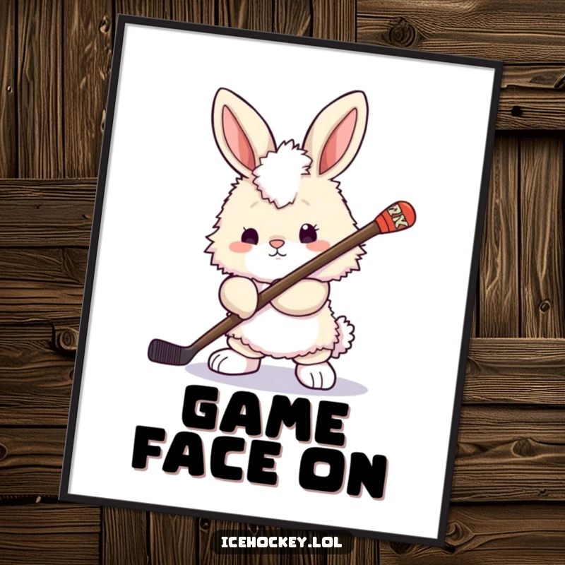 Funny bunny digital art print: a fluffy bunny holding a hockey stick, looking ready to play, capturing a moment of cute determination.