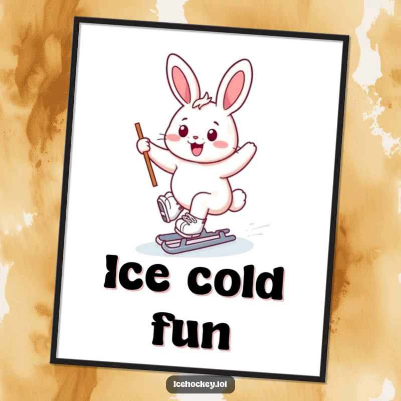 Funny bunny ice skater digital art print, cheerful bunny gliding on skates, stick held high, joyful and cute, instant download.