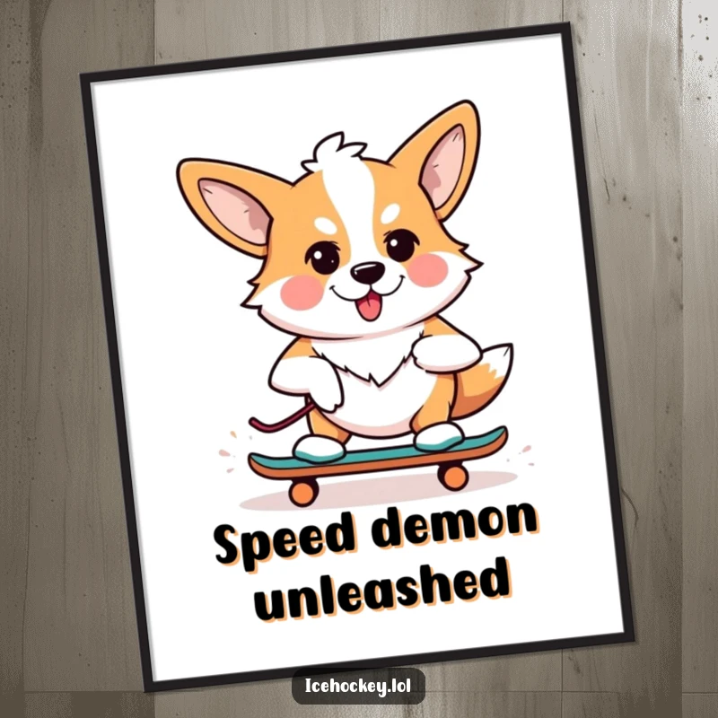 Funny digital art print of a determined corgi on roller skates, capturing a moment of focused, humorous action.