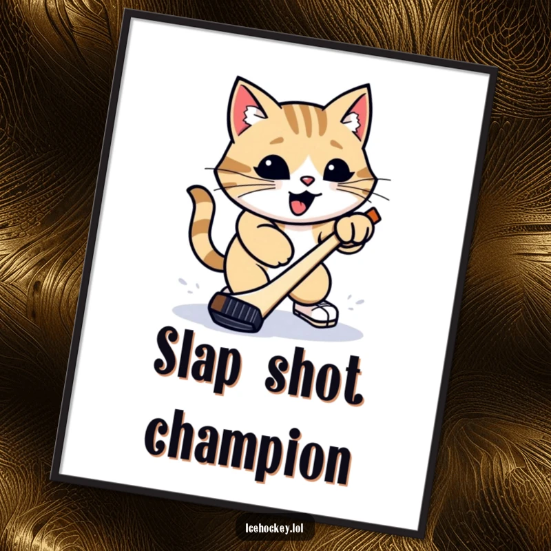 Funny Digital Art Print: A proud cat executes a mighty hockey slap shot with a puck, offering instant, humorous sports decor.