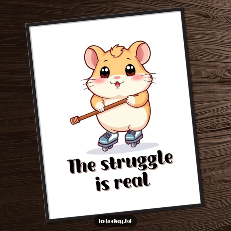 Funny digital art print of a plump hamster with wide eyes precariously balancing on skates while holding a hockey stick.