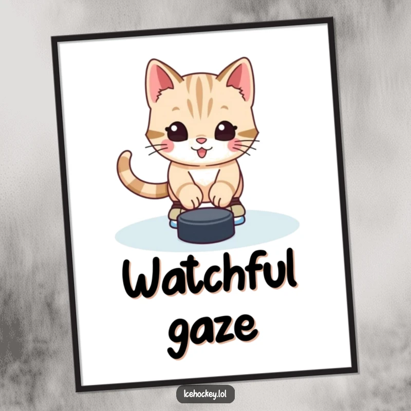 Funny digital art print of a happy, alert kitten in skates, blocking a hockey puck with adorable goalie skill and humor.