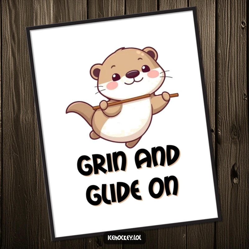 Funny Digital Art Print of a playful otter gliding smoothly, stick in tow, with a big grin, perfect for digital display.