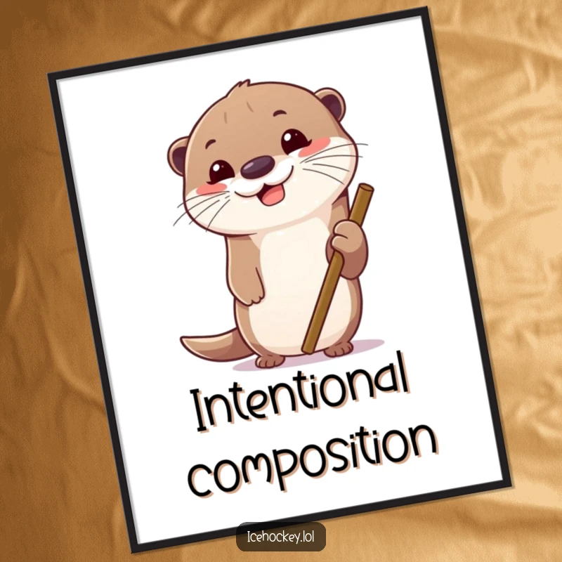 Funny digital art print of a cheerful otter gripping a hockey stick, intensely focused. High-resolution humorous illustration.